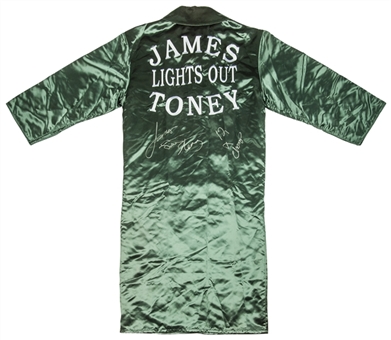 James “Lights-Out” Toney Fight Worn and Signed Green Satin Pony Robe made by Salazar